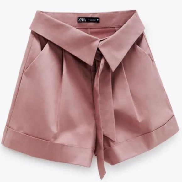 Zara Pink High Waist Paper-Bag Shorts - Picture 1 of 8